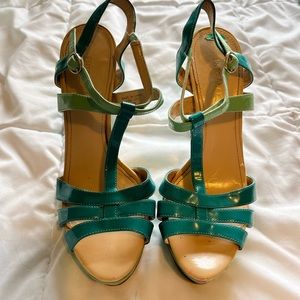 Teal green heeled strappy sandals